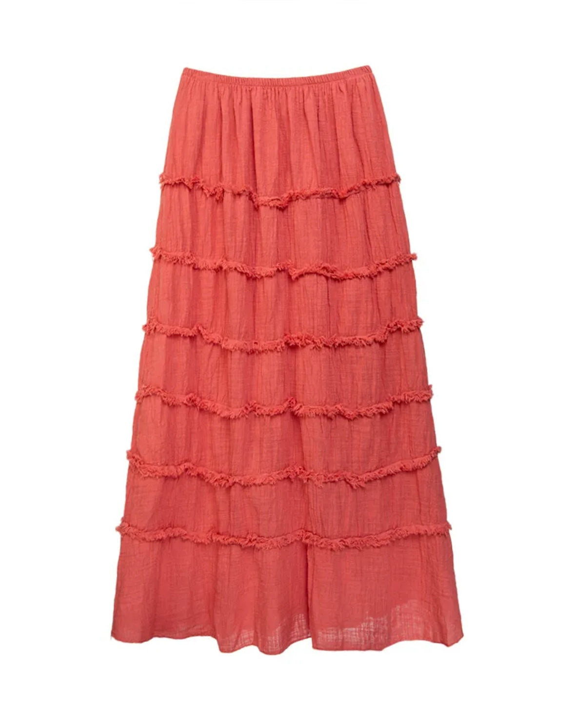 Boho-Stufenrock aus Baumwolle – Korallrot mit Fransen-Details