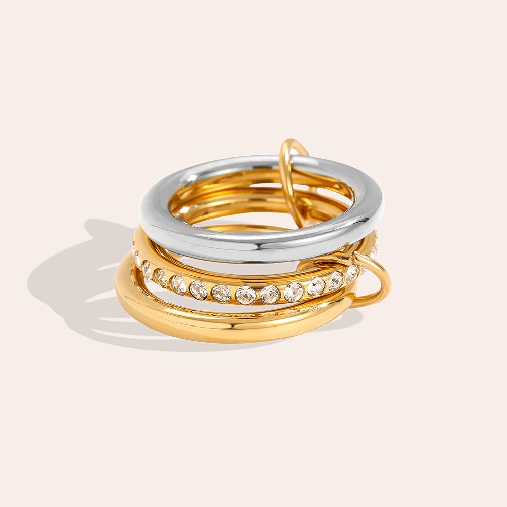 Dreiteiliges Diamond Ring Set Edelstahl Ring - Bicolor