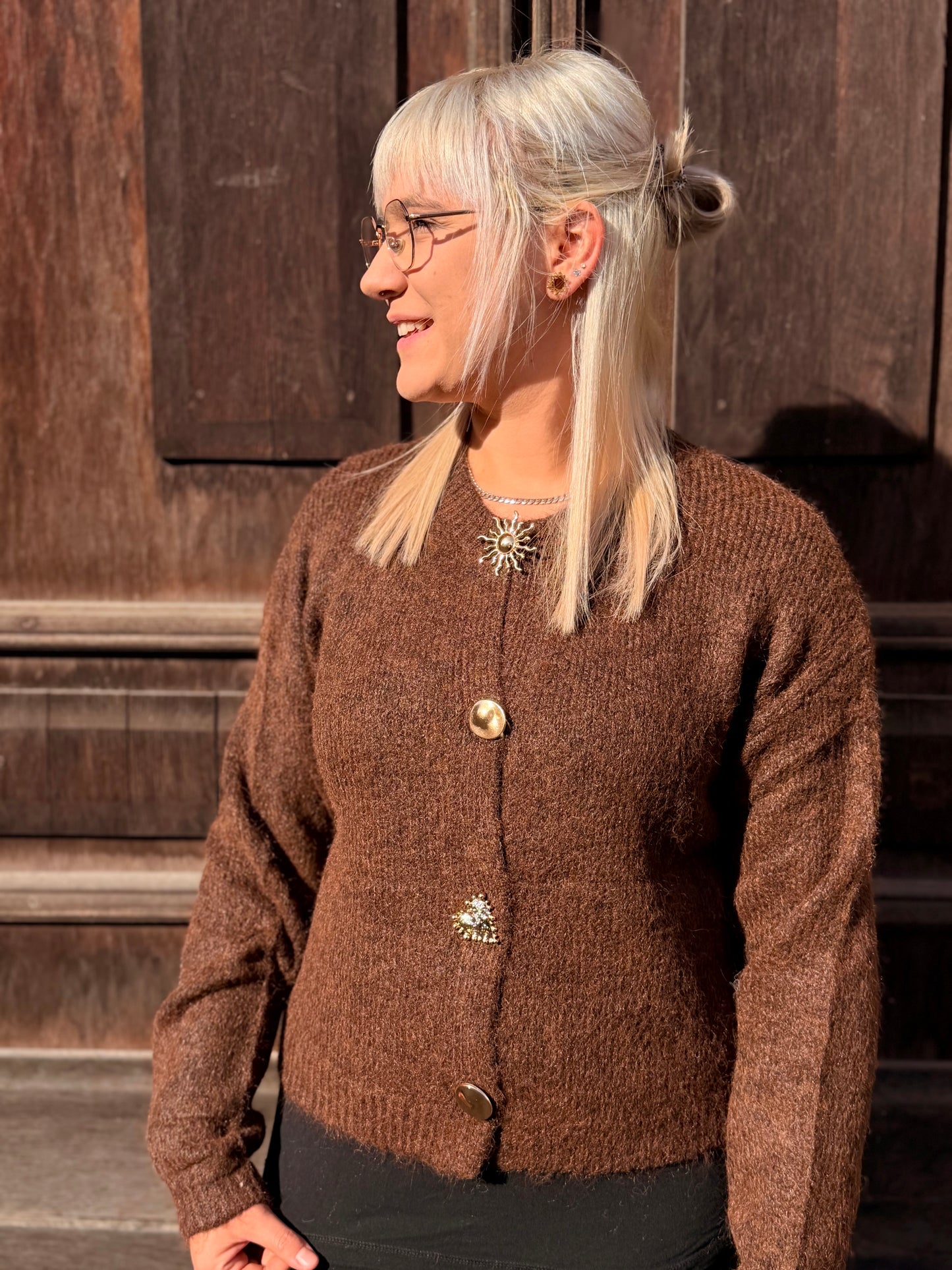 Golden Button Knit Cardigan – Chocolate Edition