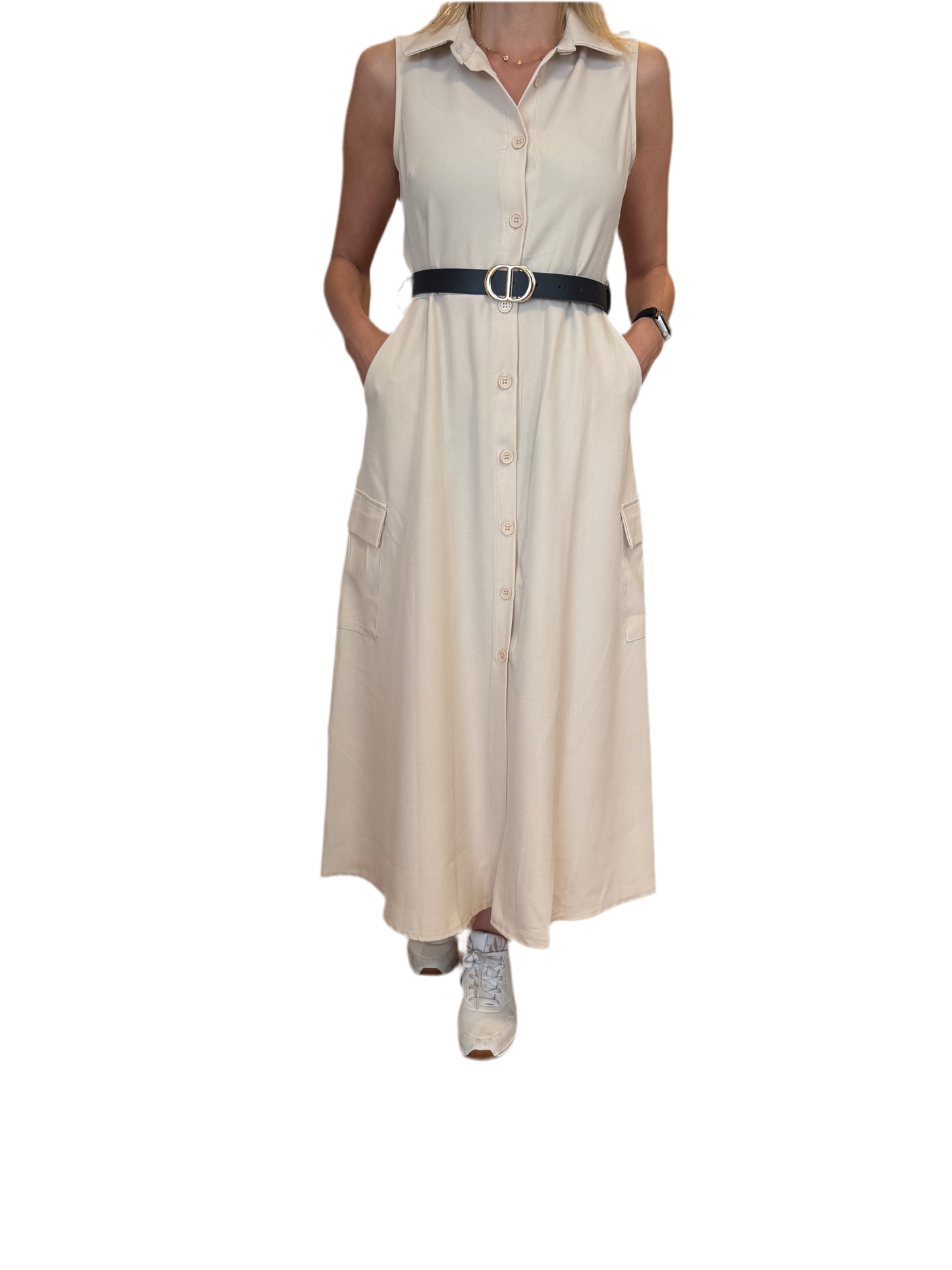 Ärmelloses Hemdblusenkleid mit Gürtel