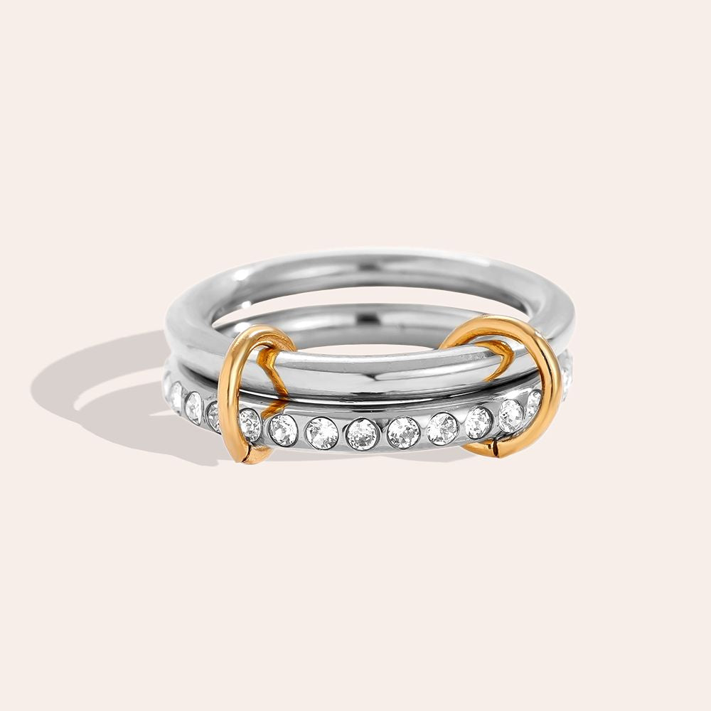 Zweireihiges Diamond Ring Set Edelstahl Ring - Bicolor