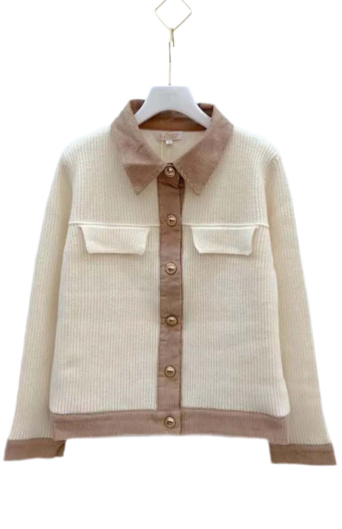 Cardigan „Soft Contrast“ – Cremeweiß mit Beigedetails & Goldknöpfen