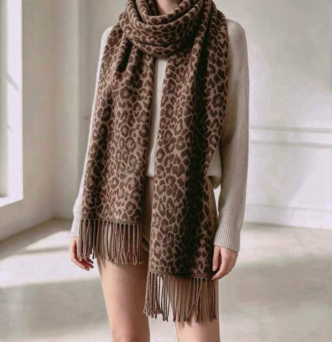 Damen-Schal mit Leopardenmuster und Fransen