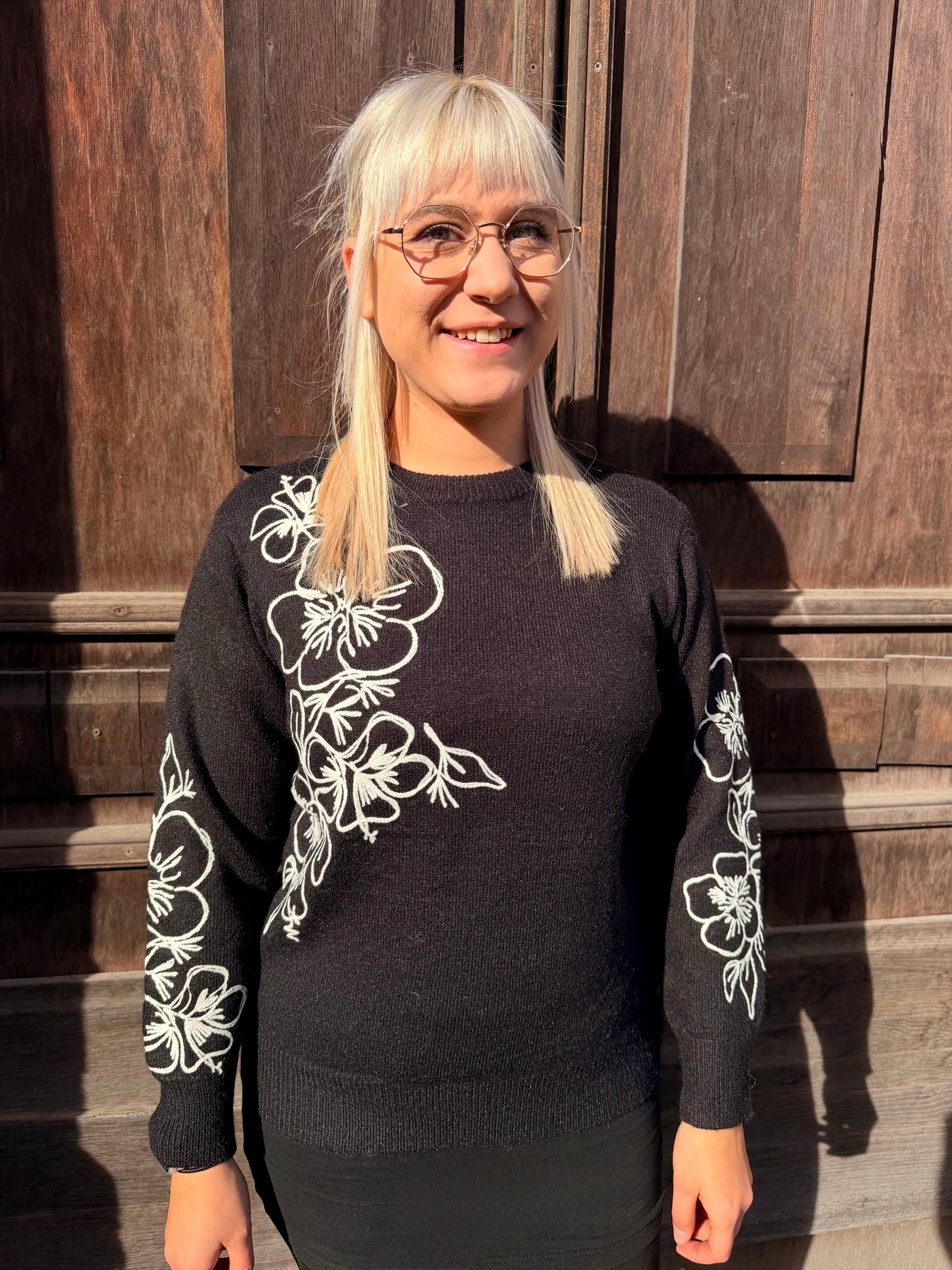 Floral Contrast Knit Sweater – Black & White