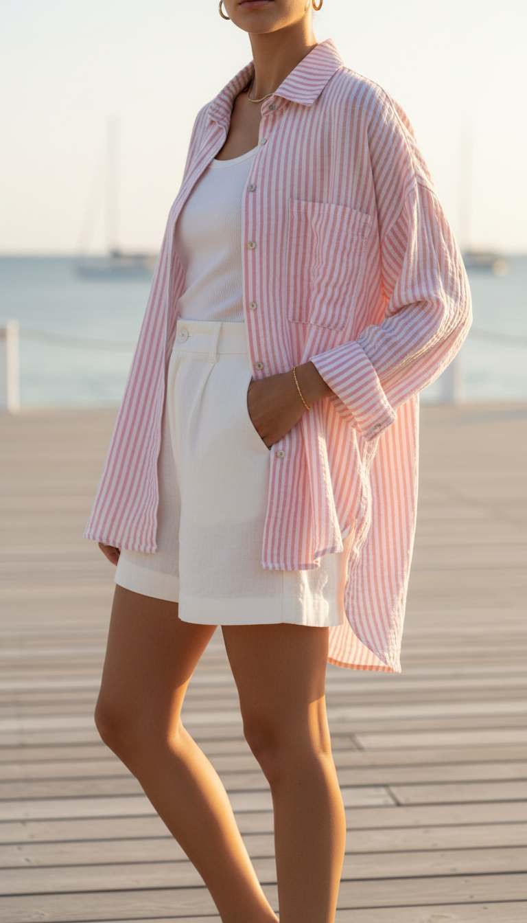 Coastal Stripe Oversize Hemd – Rosa Weiß gestreifte Bluse