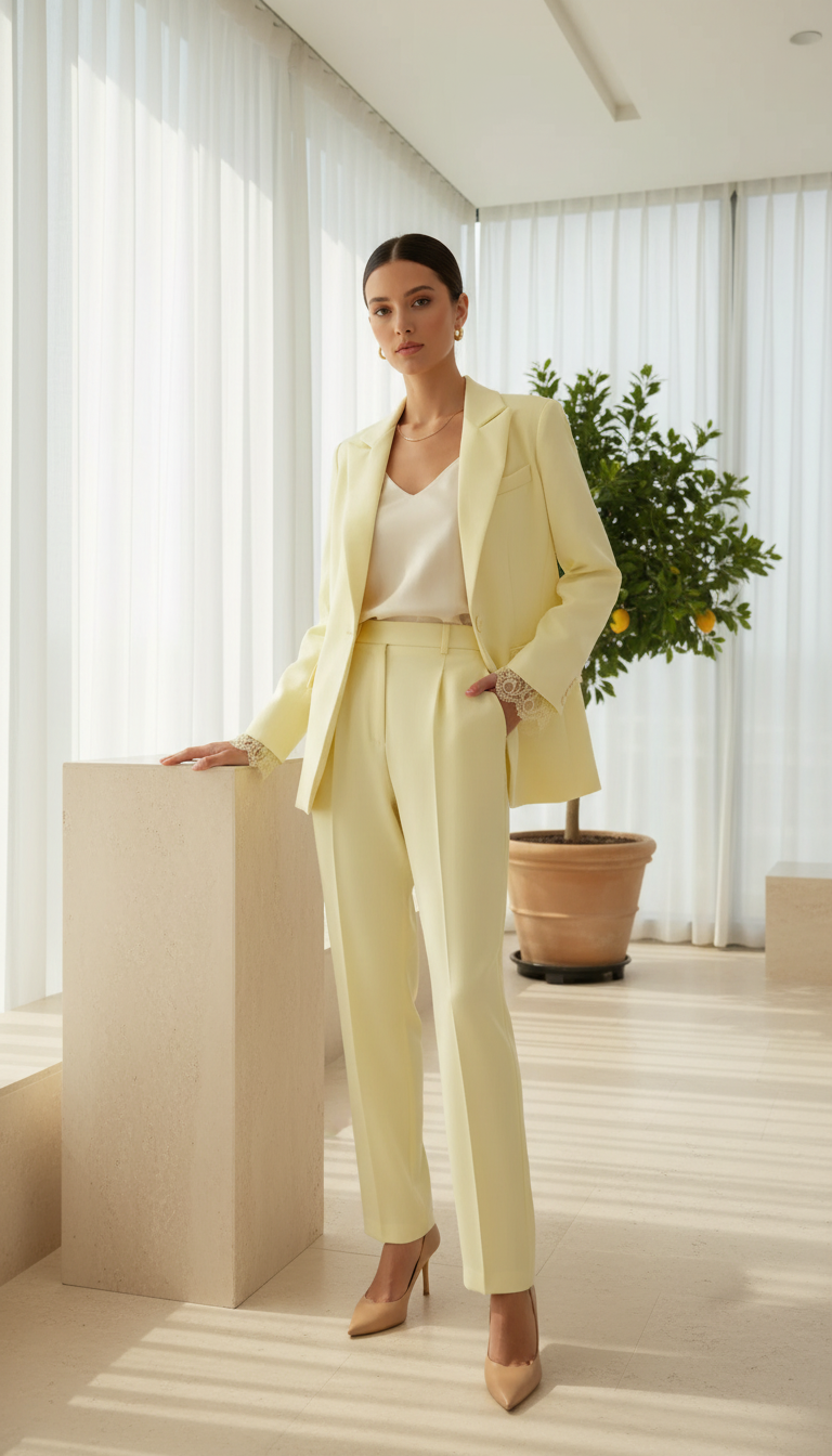 Pastellgelber Blazer mit Spitzen-Details – Eleganter Tailored Fit