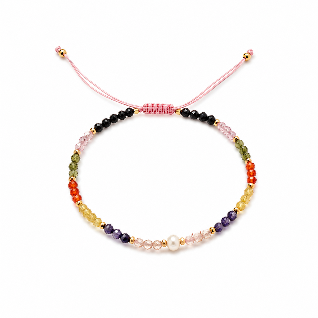 Regenbogen Zirkonia Armband mit Süßwasserperle – 925 Silber vergoldet, größenverstellbar