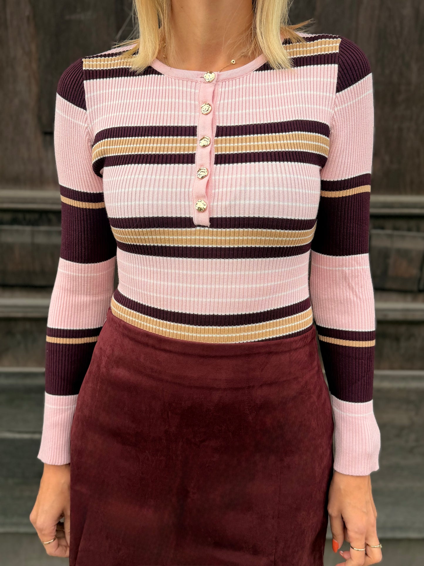 Body „Retro Stripes“ – Pink & Bordeaux | Langer Arm, Knopfleiste