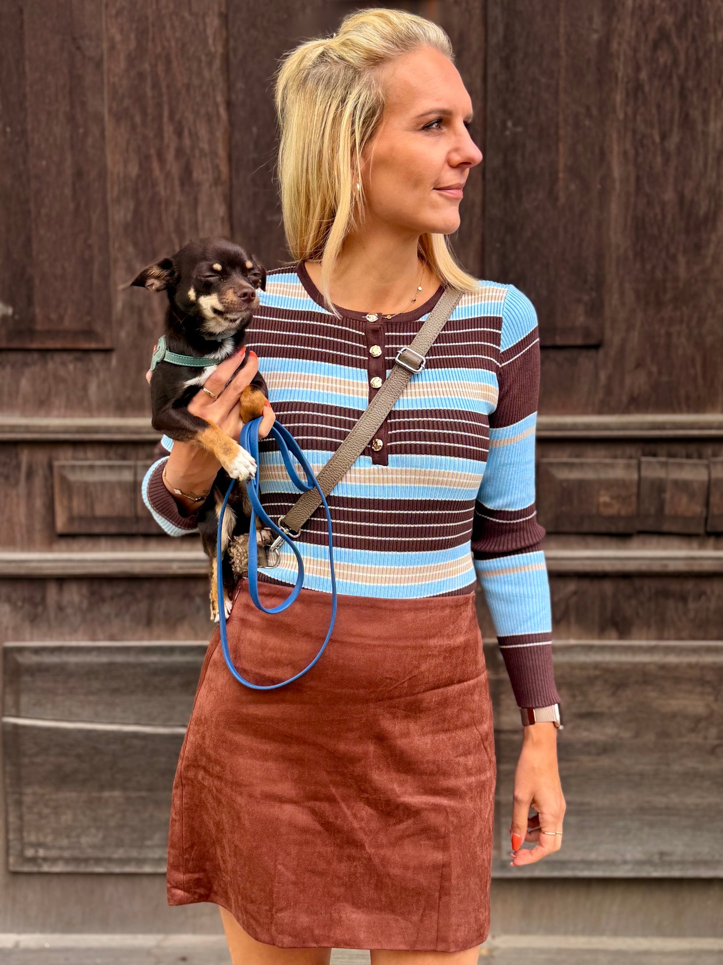 Body „Retro Stripes“ – Blau & Braun | Langer Arm, Knopfleiste
