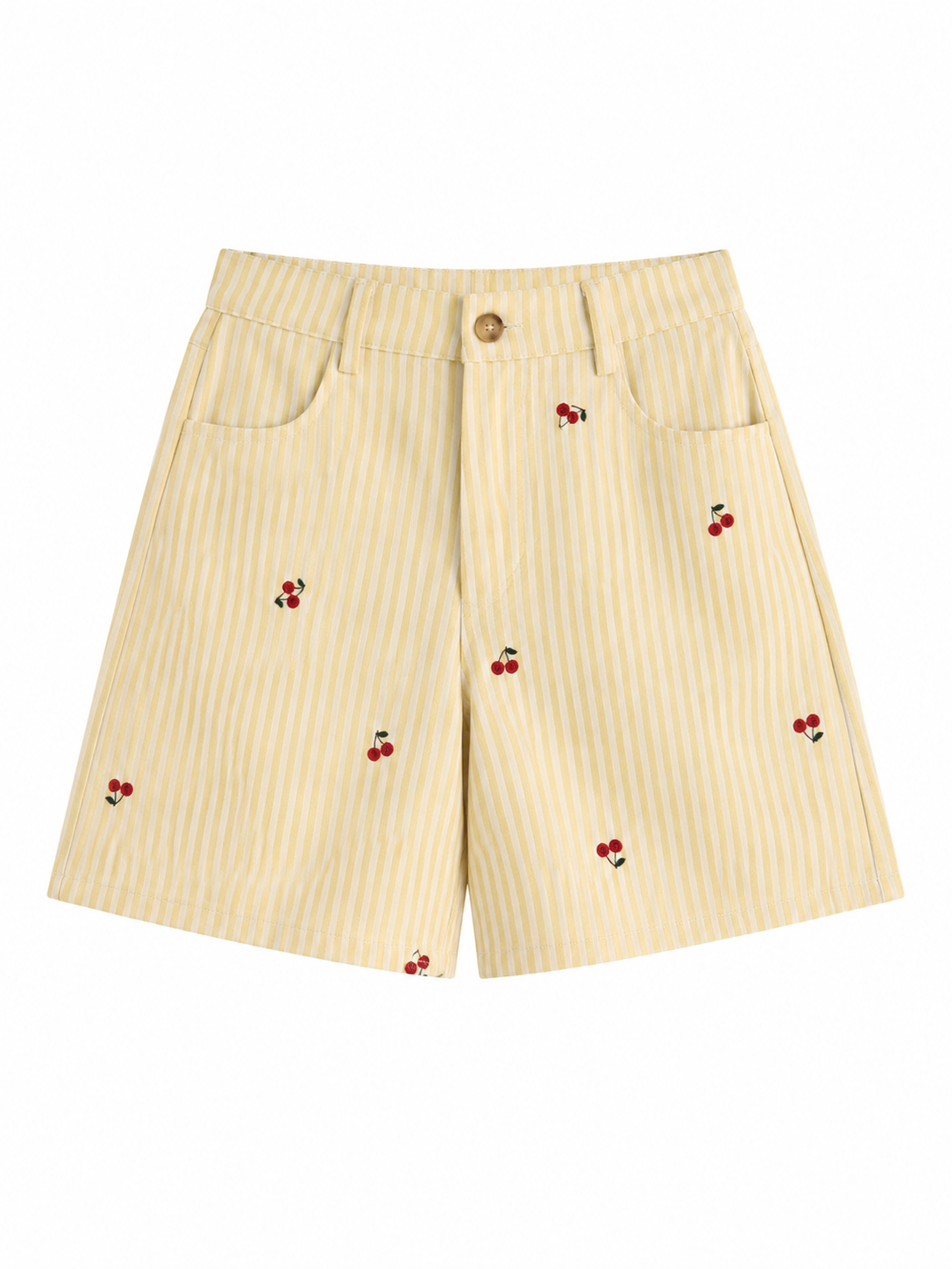 Gestreifte Baumwoll-Shorts mit Kirschstickerei – Hoher Bund