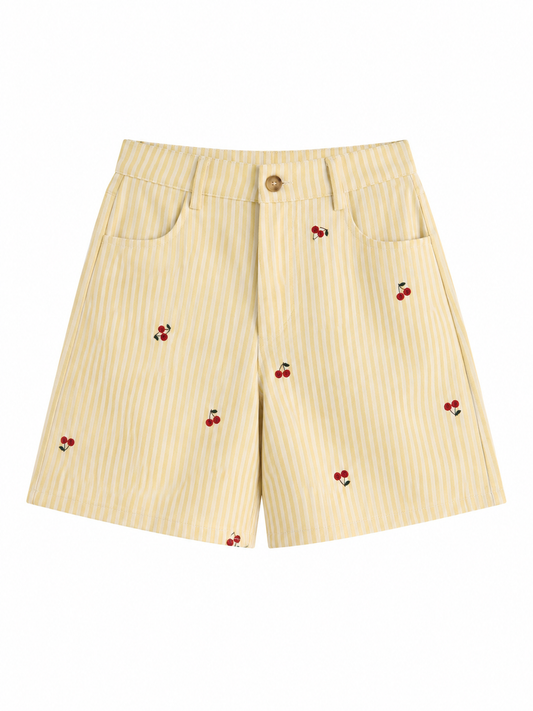 Gestreifte Baumwoll-Shorts mit Kirschstickerei – Hoher Bund
