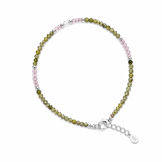 Prehnit & Rosa Zirkonia Armband – 925 Sterling Silber | Filigranes Edelsteinarmband