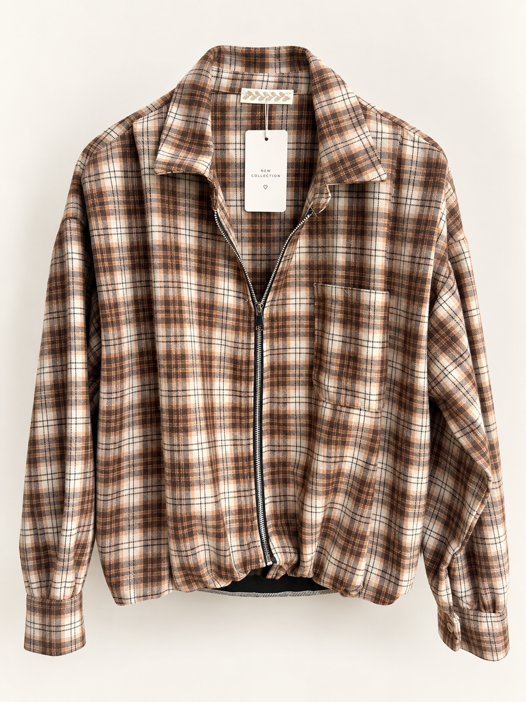Karo Blouson Hemdjacke mit Reißverschluss – Beige/Braun