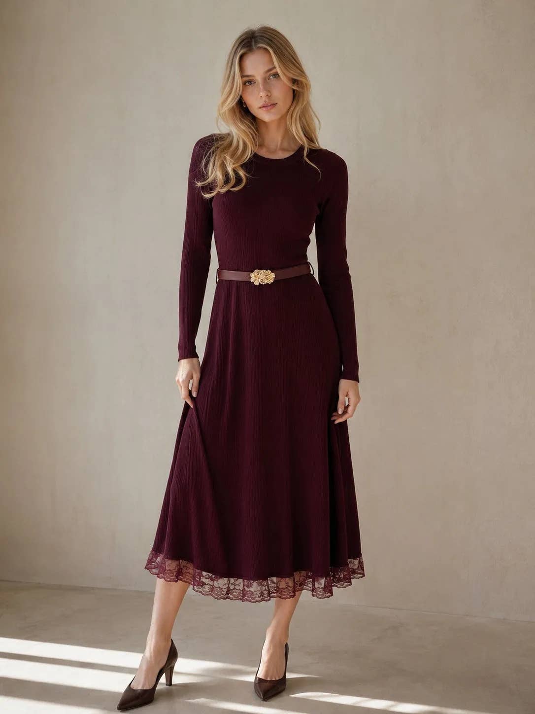 Langes Strickkleid mit Schmuckgürtel [10660]