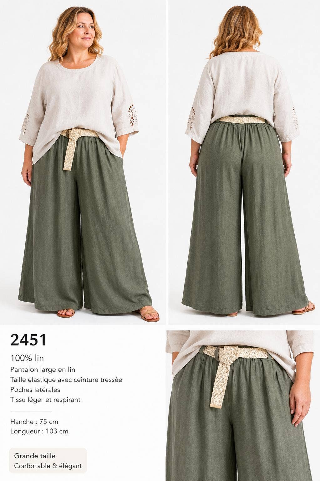 2451:Weite Leinenhose mit geflochtenem Gürtel2451