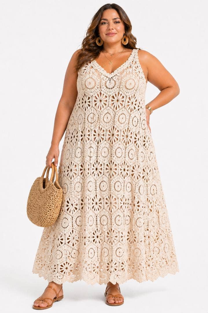 Langes Boho‑Häkelkleid 28034