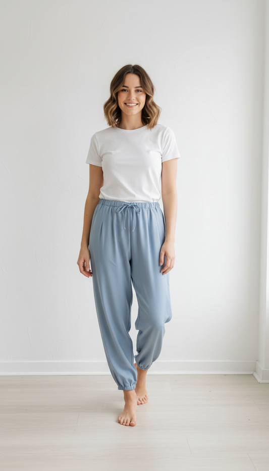 Balloon Fit Hose – moderne Trendhose mit Tunnelzug & Falten in Taupe, Blau & Mint