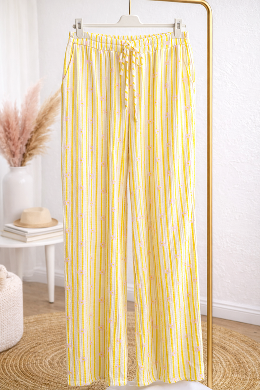 Gestreifte Sommerhose Damen – Gelb Weiß Baumwollhose mit elastischem Bund