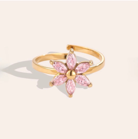 Verstellbarer Edelstahlring mit rosa Blüten-Zirkonia