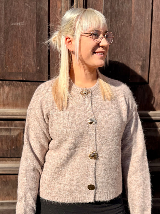 Golden Button Knit Cardigan – Soft Taupe