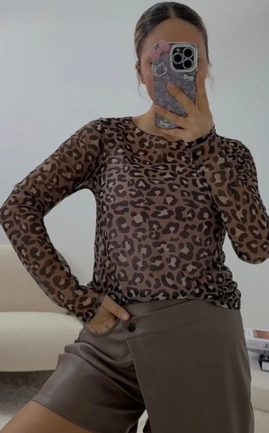 Mesh Leo Shirt Damen Transparent – Animal Print Longsleeve | Made in Italy | Stretch Trend Top