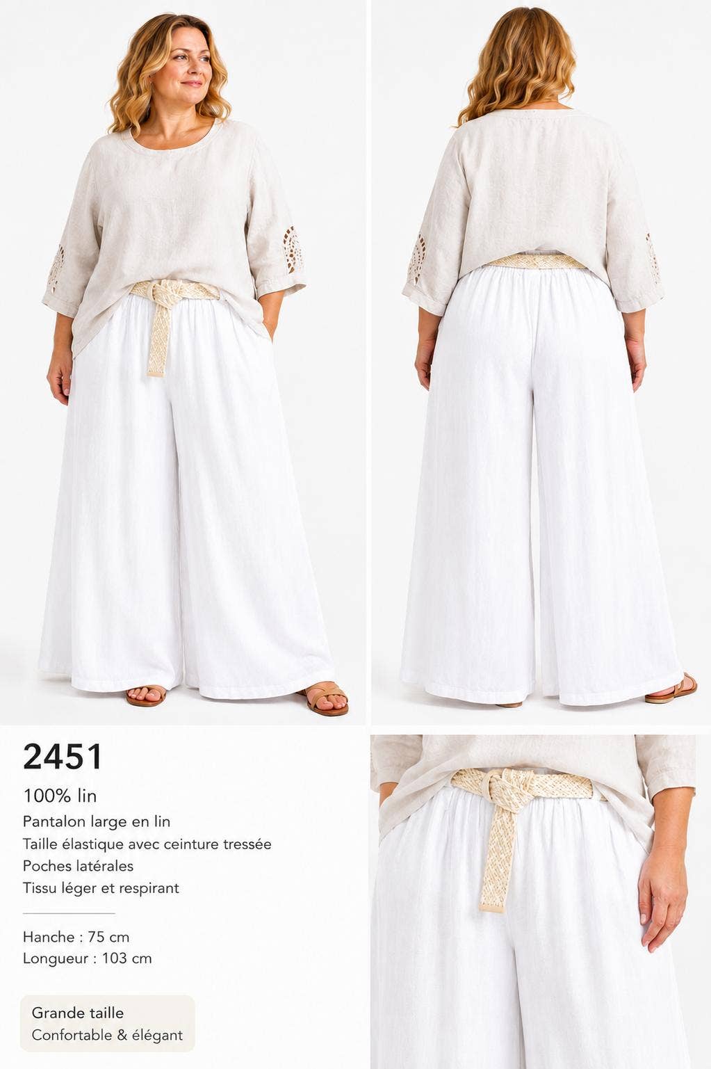 2451:Weite Leinenhose mit geflochtenem Gürtel2451