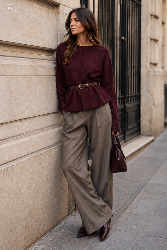 Gürtelpullover Chic - Bordeaux & Schwarz
