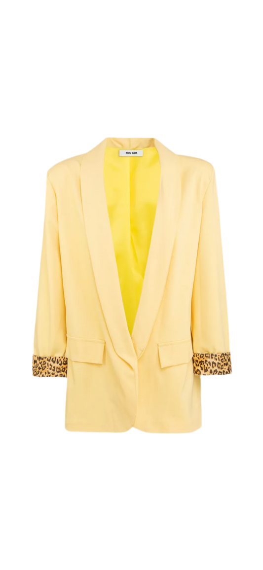 Eleganter Oversized Blazer in Pastellgelb mit Leoparden-Detail