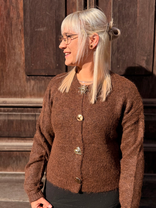 Golden Button Knit Cardigan – Chocolate Edition