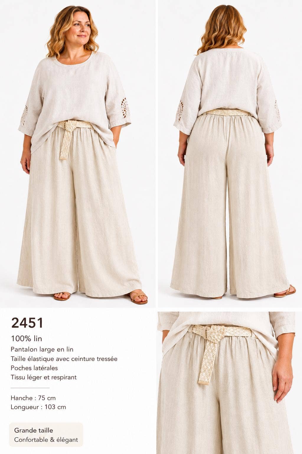 2451:Weite Leinenhose mit geflochtenem Gürtel2451