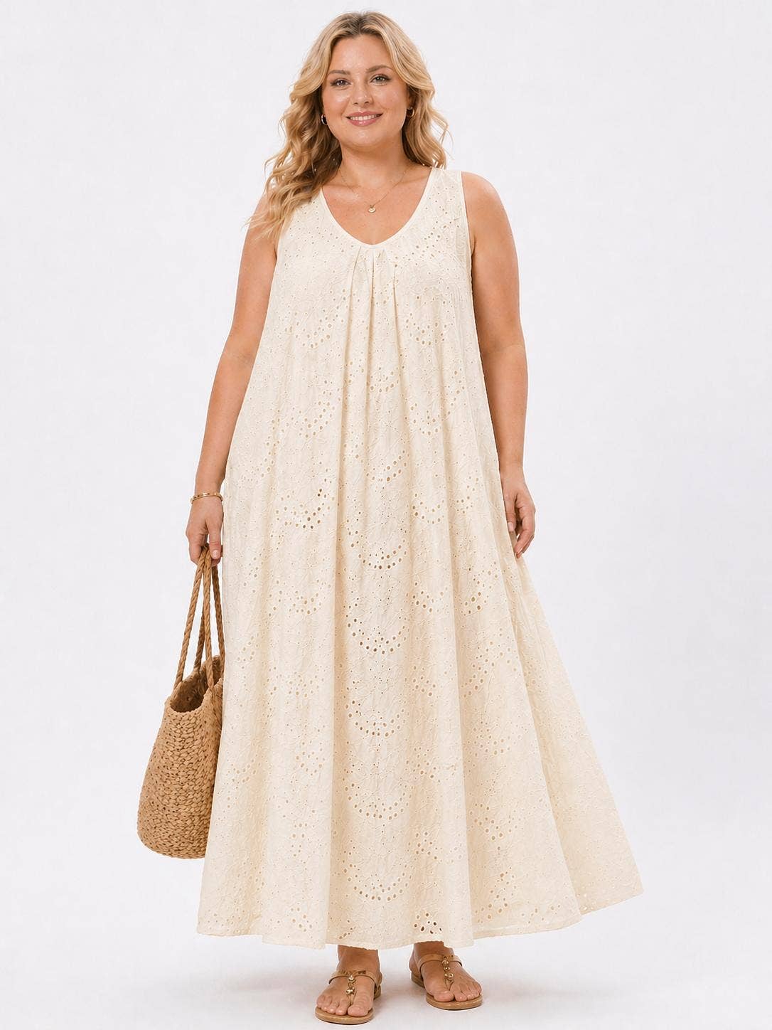 Langes besticktes Baumwollkleid im ausgestellten Schnitt 9037
