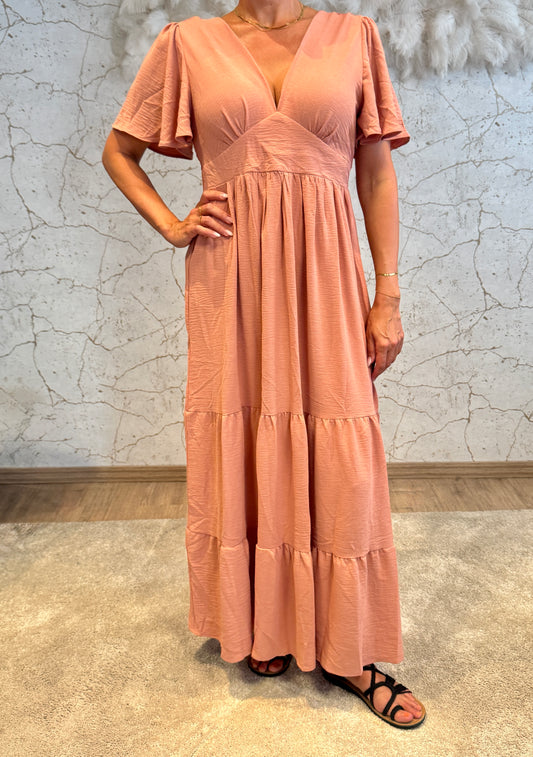 Boho Maxikleid mit V-Ausschnitt – fließendes Sommerkleid in Altrosa | Kurzarm & Stufendesign