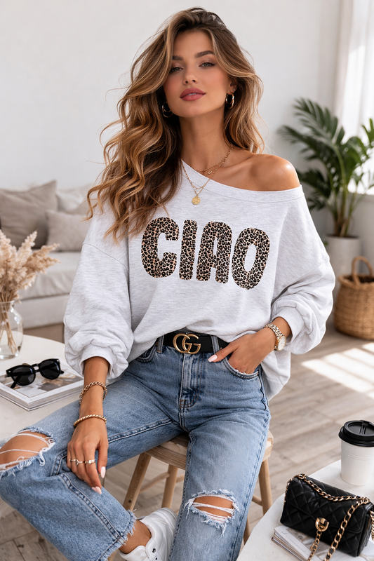 CIAO Leopard Pullover Damen – Off Shoulder Sweatshirt | Italian Style