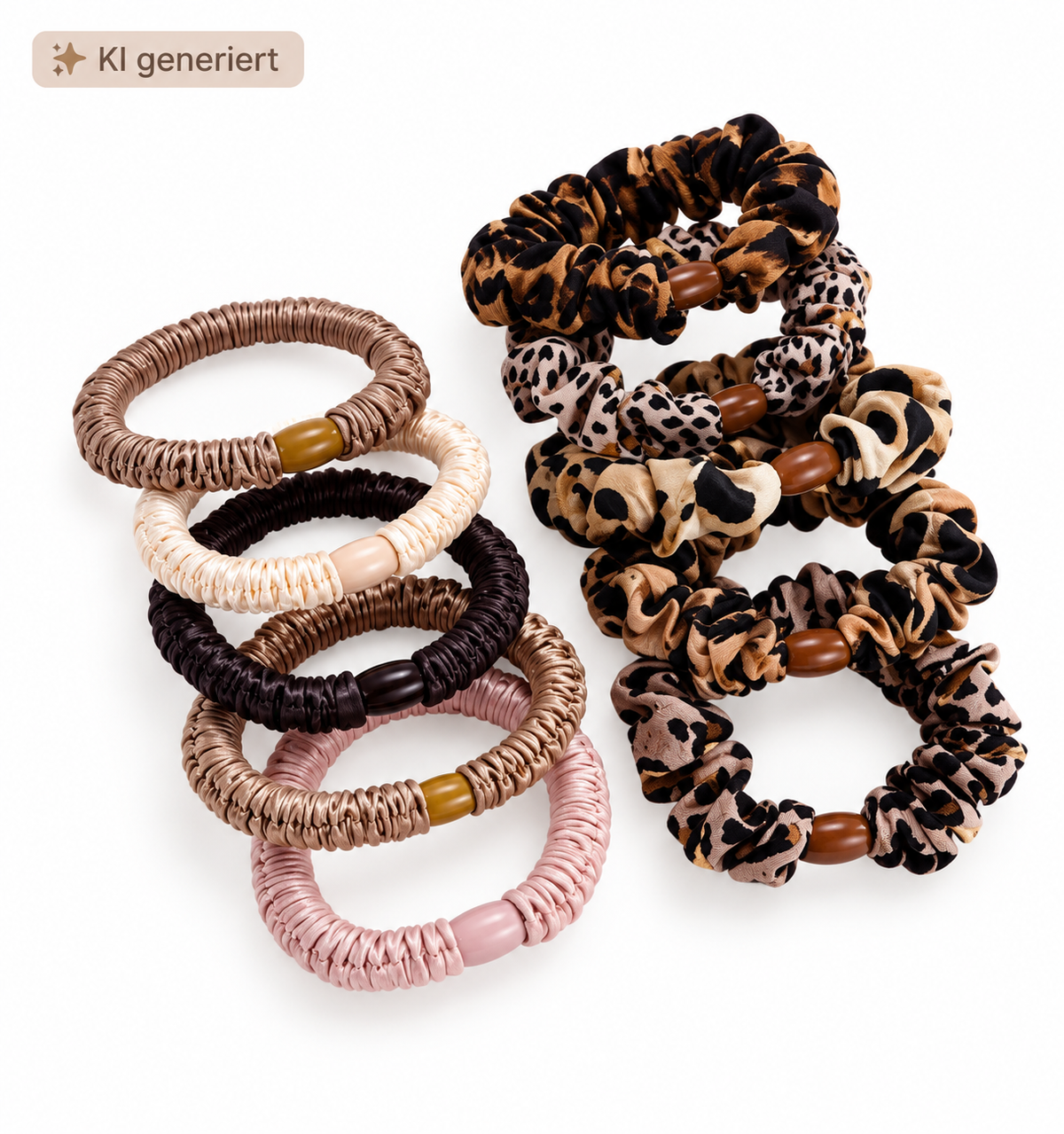 Haargummi-Set mit Leo-Print – Elegante Scrunchies in Braun, Beige & Rosa