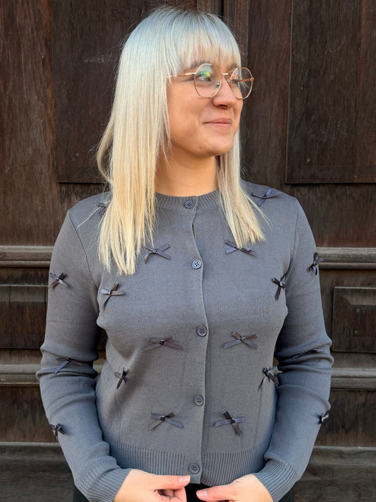 Bow Detail Knit Cardigan – Grey
