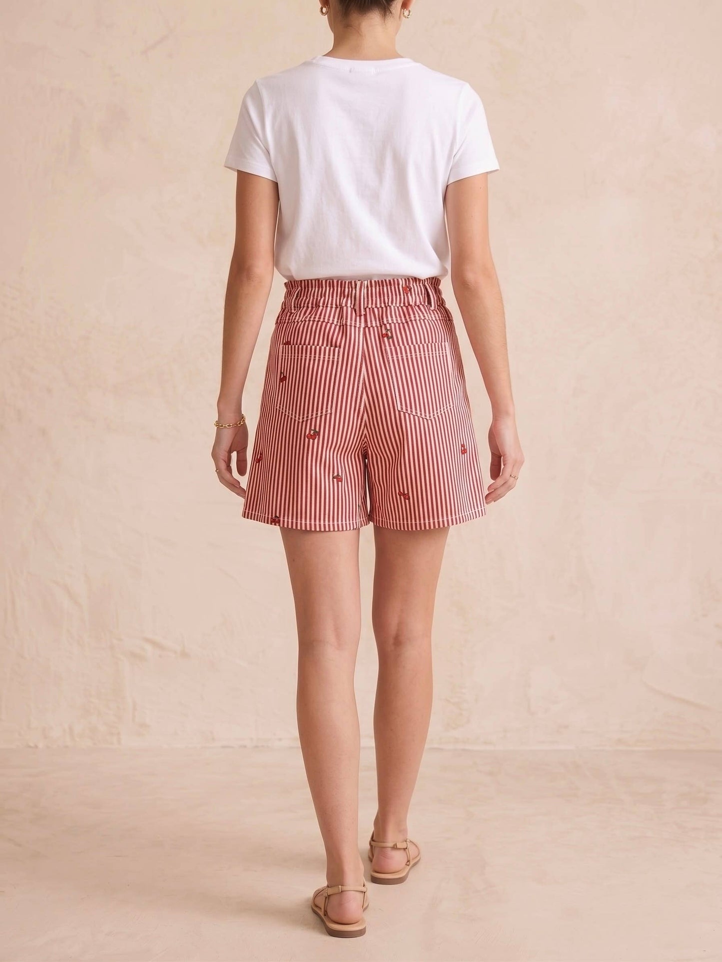 Baumwoll-Shorts, bedruckt mit Streifen und Kirschen PPN2648: Kaki / STANDARDGRÖSSE (36-42 / S-XL)