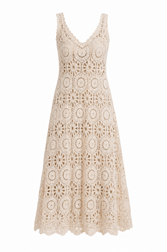 Langes Curvy-Boho‑Häkelkleid