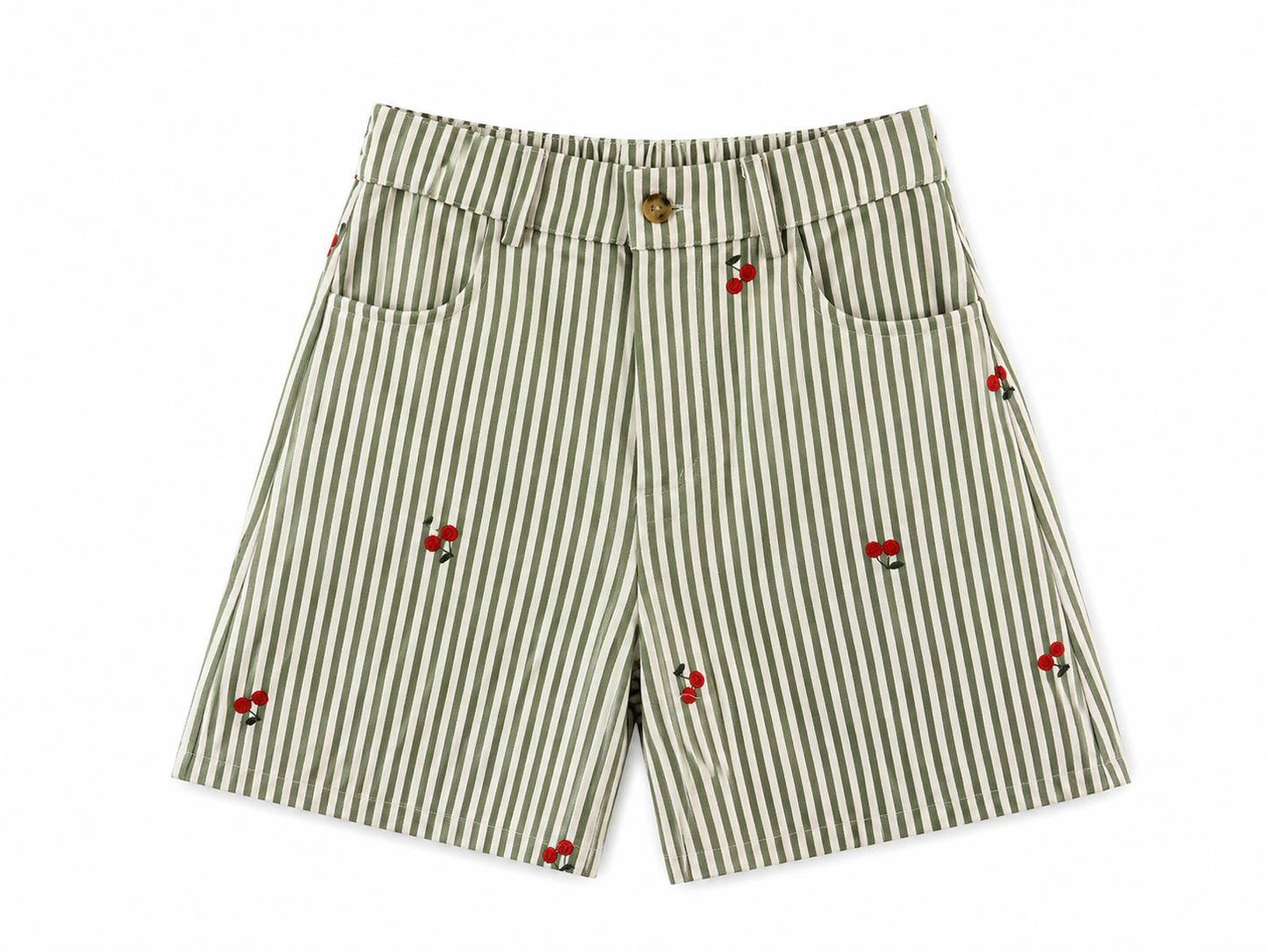 Gestreifte Baumwoll-Shorts mit Kirschstickerei – Hoher Bund