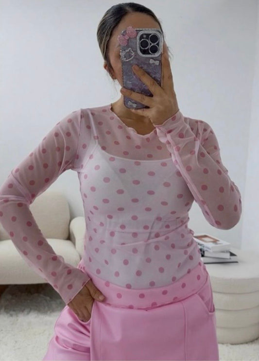 Mesh Shirt Damen Transparent – Polka Dots | Made in Italy | Stretch Longsleeve Trend 2026