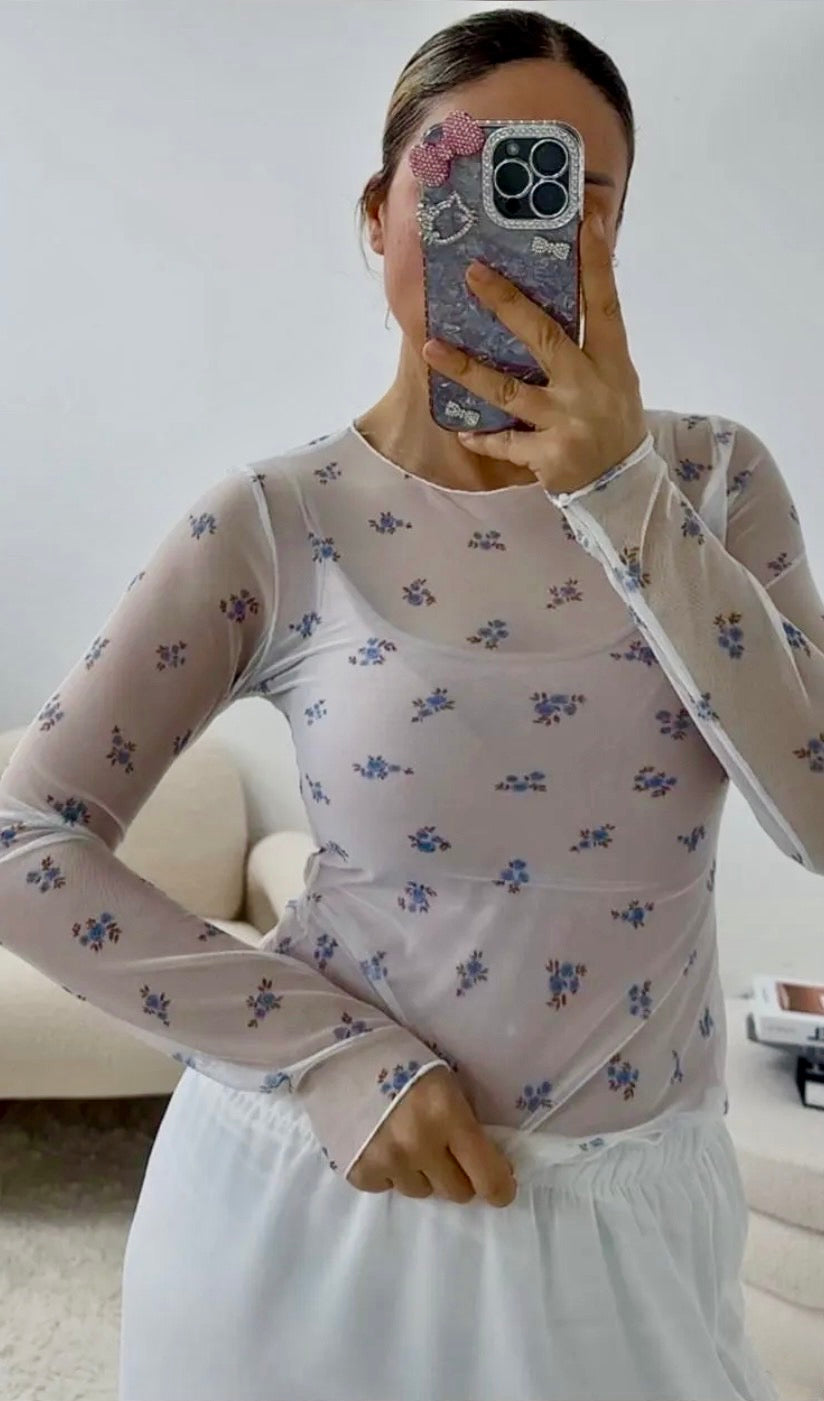 Mesh Shirt Damen Blumen Transparent – Romantic Sheer Top | Made in Italy | Stretch Longsleeve