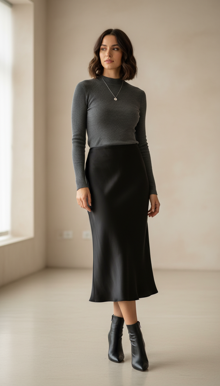 Silky Shape Midi Rock – fließender Satin Look Rock in Schwarz | minimalistischer Basic Trendrock