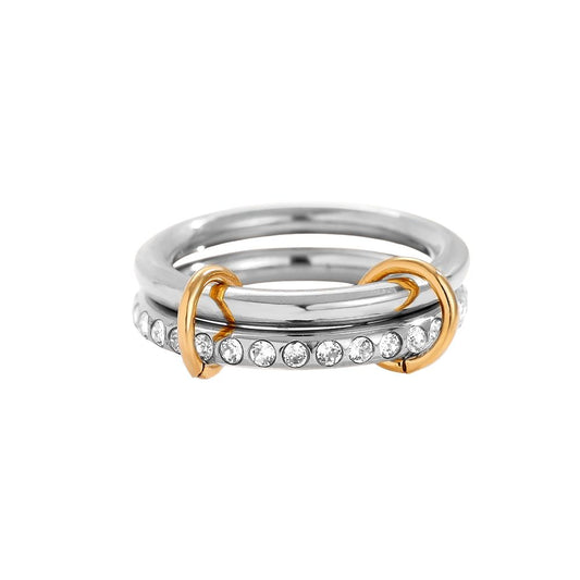 Zweireihiges Diamond Ring Set Edelstahl Ring - Bicolor