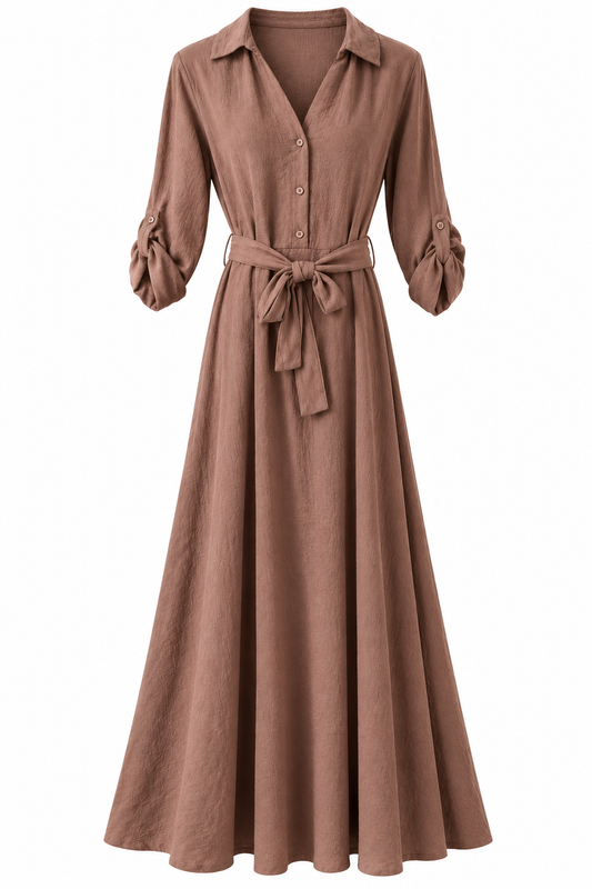 Maxikleid in Mokka-Braun mit Bindegürtel