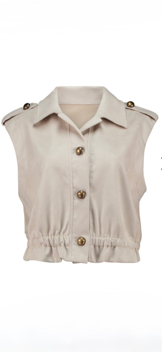 Beige Cropped Weste mit Knöpfen – Damen Utility Vest mit Taillierung