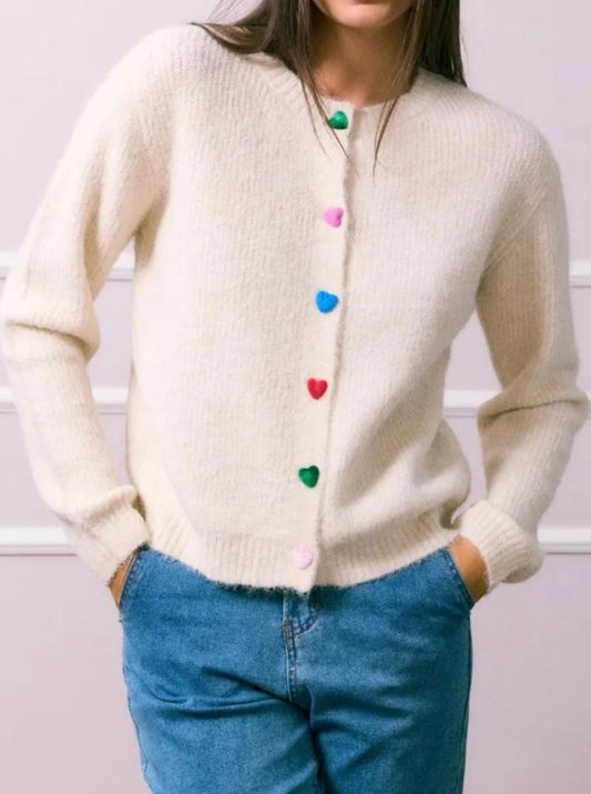 Love Button Cardigan – Creme mit bunten Herzknöpfen