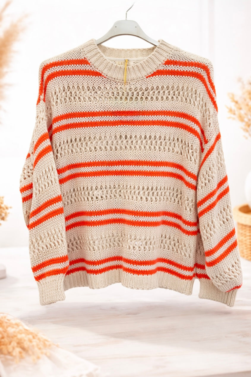 Soft Knit Streifen Pullover – Beige | Leichter Strickpullover mit Farbdetails