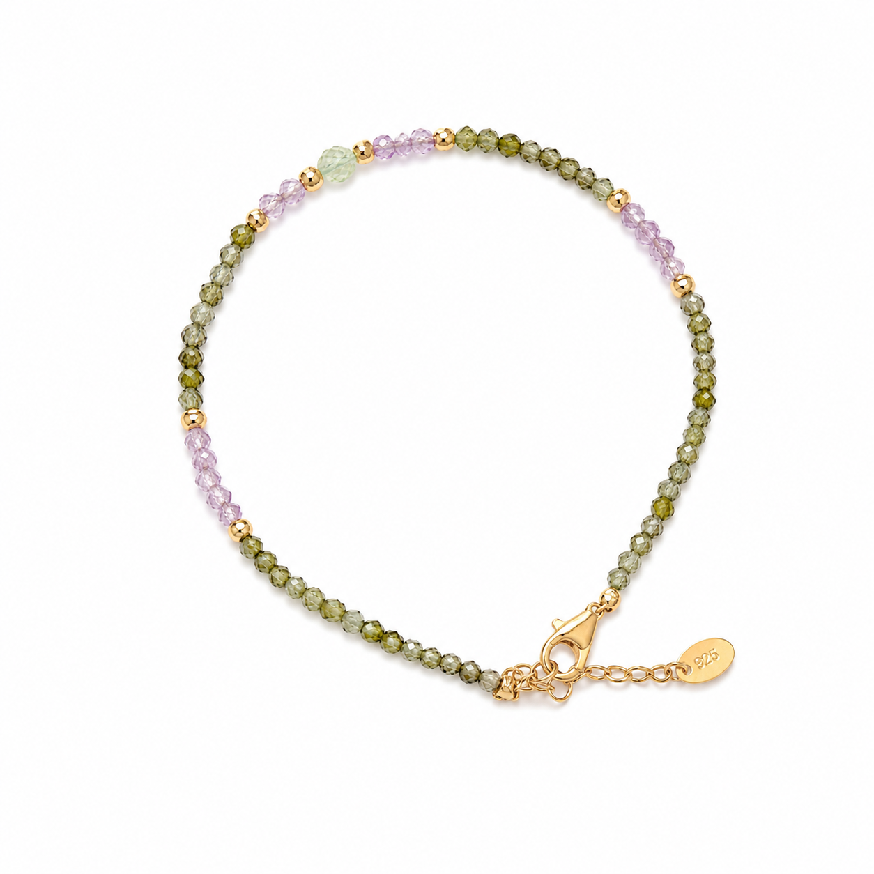 Prehnit & Zirkonia Armband – 925 Sterling Silber vergoldet | Filigranes Edelsteinarmband