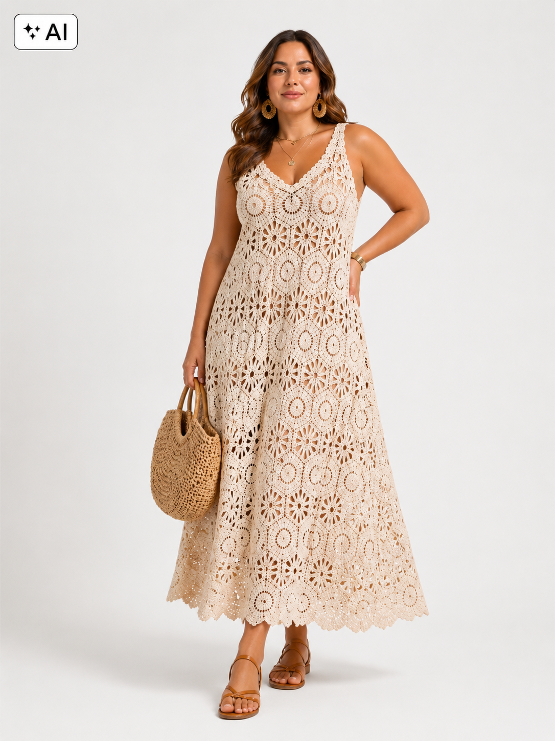 Langes Curvy-Boho‑Häkelkleid