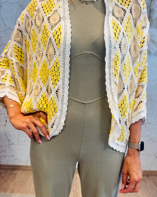 Häkel-Kimono “Lemon Soleil” – Boho-Cardigan in Creme & Gelb