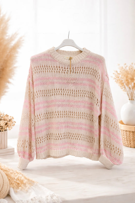 Soft Knit Streifen Pullover – Beige | Leichter Strickpullover mit Farbdetails